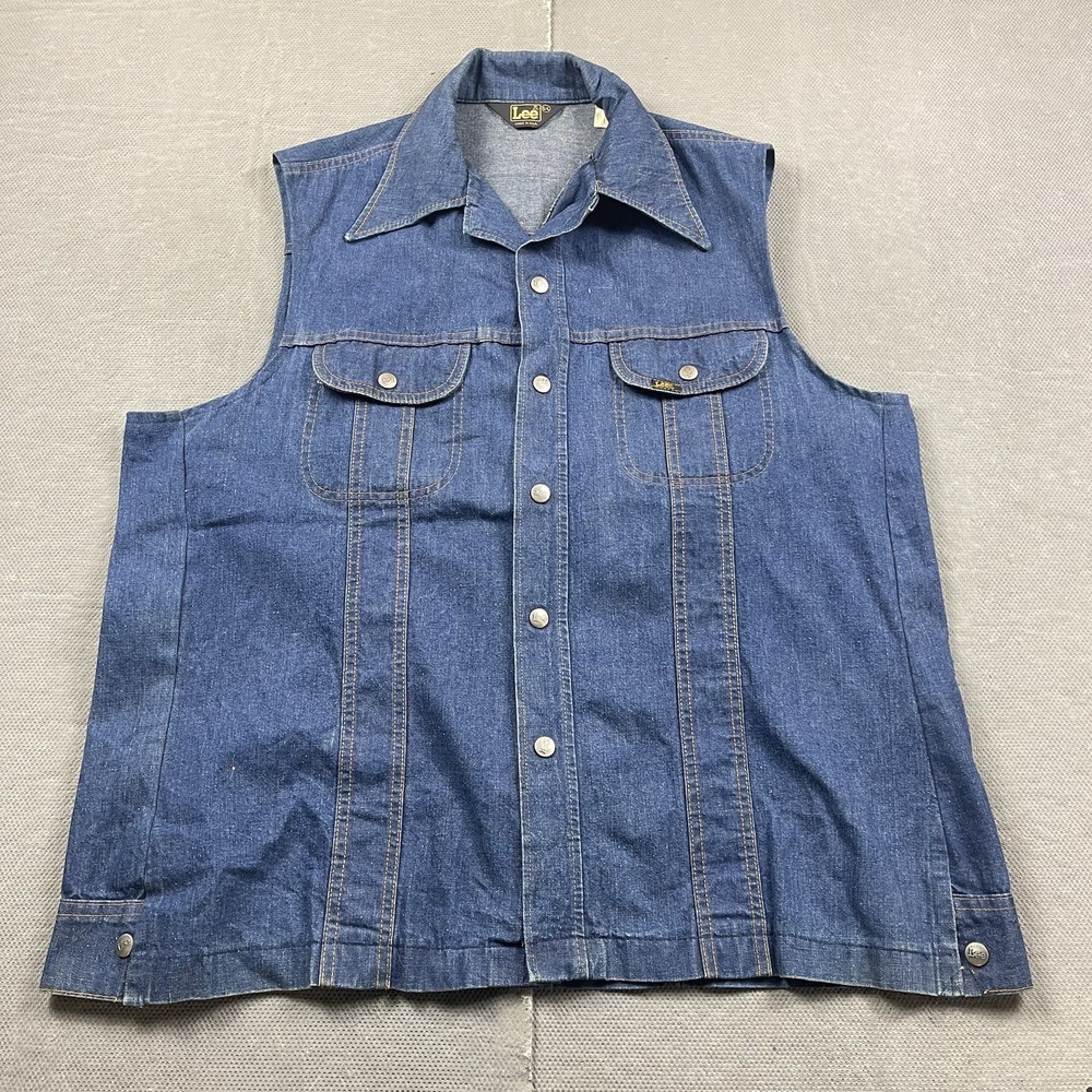 Vintage Mr Lee Denim Vest Mens Large Blue Button Up Honda Patch USA Made Western